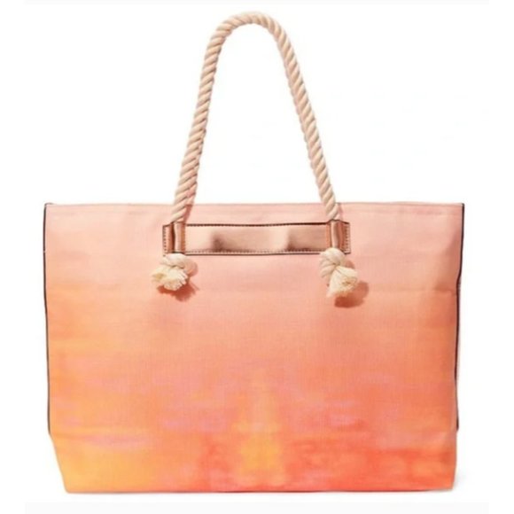 NWT Victoria Secret Shoulder Tote Bag Braided Rope Handles Beach‎ Peach Ombre - Picture 1 of 12